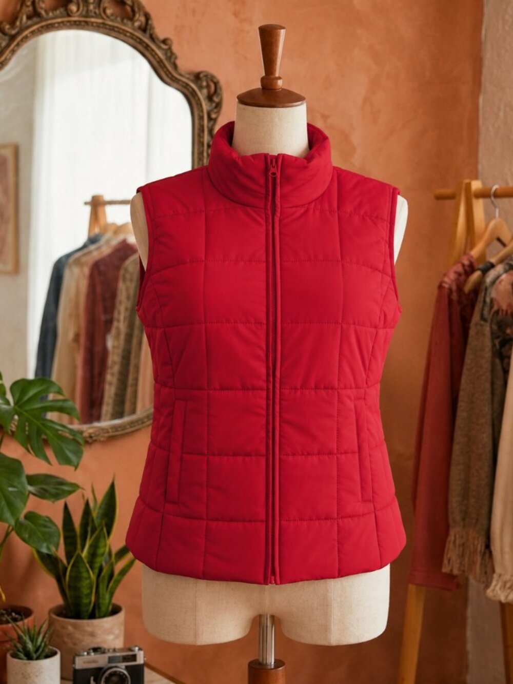 New York & Company Red Quilted Puffer Vest with Stand Collar